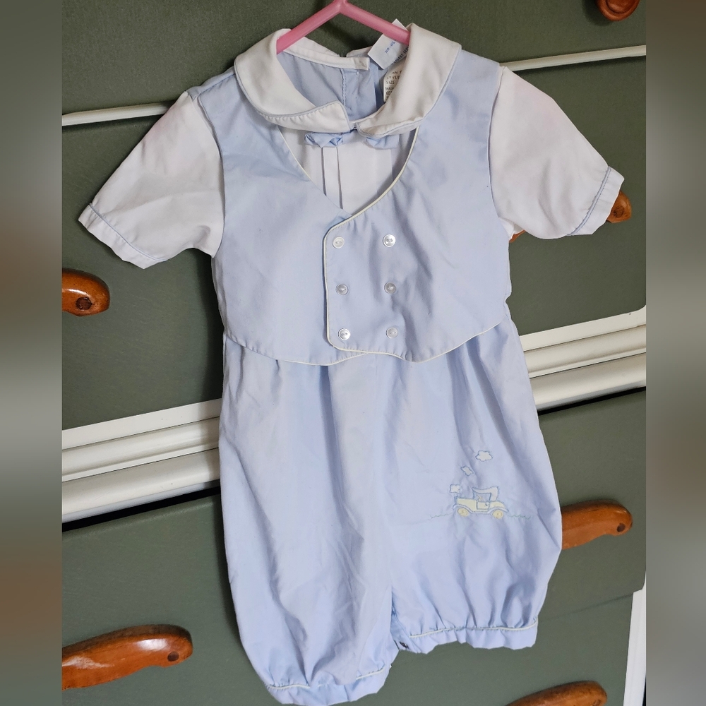 Vtg Boys Embroidered Blue Romper Bowtie Double Breasted Classic Car 18‎ Months